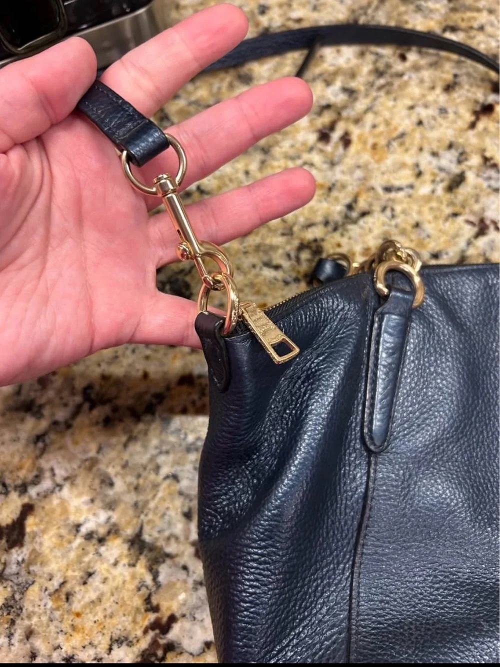 Coach Navy Pebbled Leather Shoulder Tote with Gold Hardware